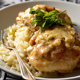 Chicken Thighs in a Creamy Mustard Sauce served with Creamy Rice