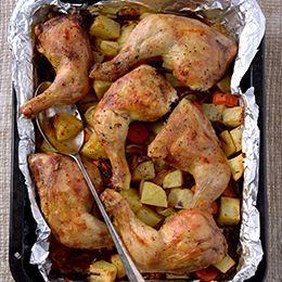 Oven Roasted Chicken Leg Quarters served with Roasted Sweet Potatoes