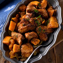 Roasted chicken pieces and butternut in a tangy simple glaze
